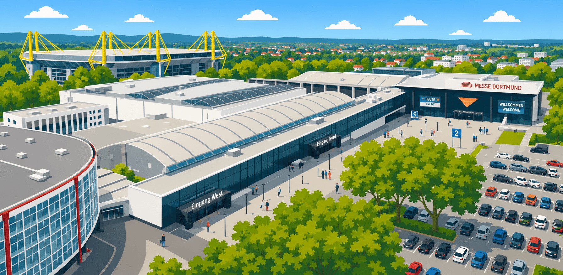 Messe Dortmund, aerial view with entrance and stadium in the background